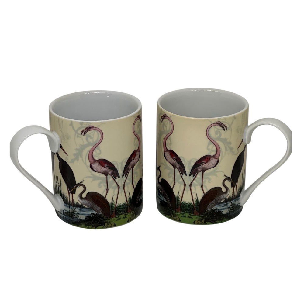 Pottery Barn Mug Set Cream Flamingo Heron Crane Bird Tropical Coastal Coffee Cup